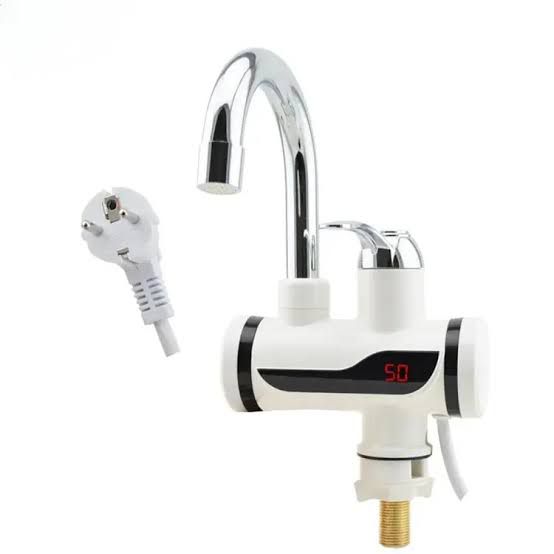 Electric water heater with digital display and plug on a white background