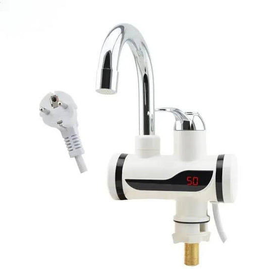 Electric water heater with digital display and plug on a white background
