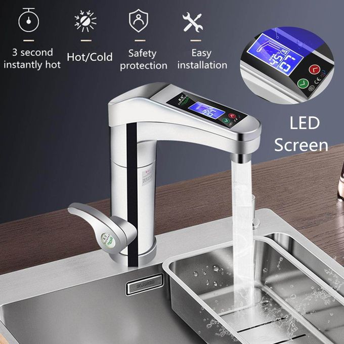 A modern stainless steel water filter faucet with a digital LED display screen, shown dispensing water into a sink. The image includes feature callout icons and text such as '3 second instantly hot', 'Hot/Cold', 'Safety protection', 'Easy installation', and 'LED Screen'.