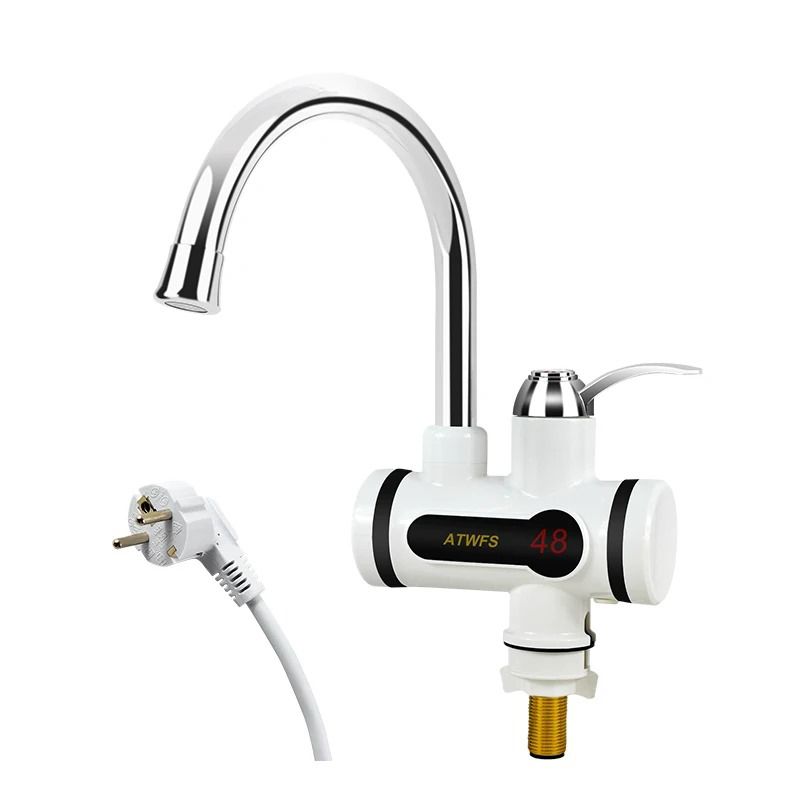Electric water faucet with digital display on a white background